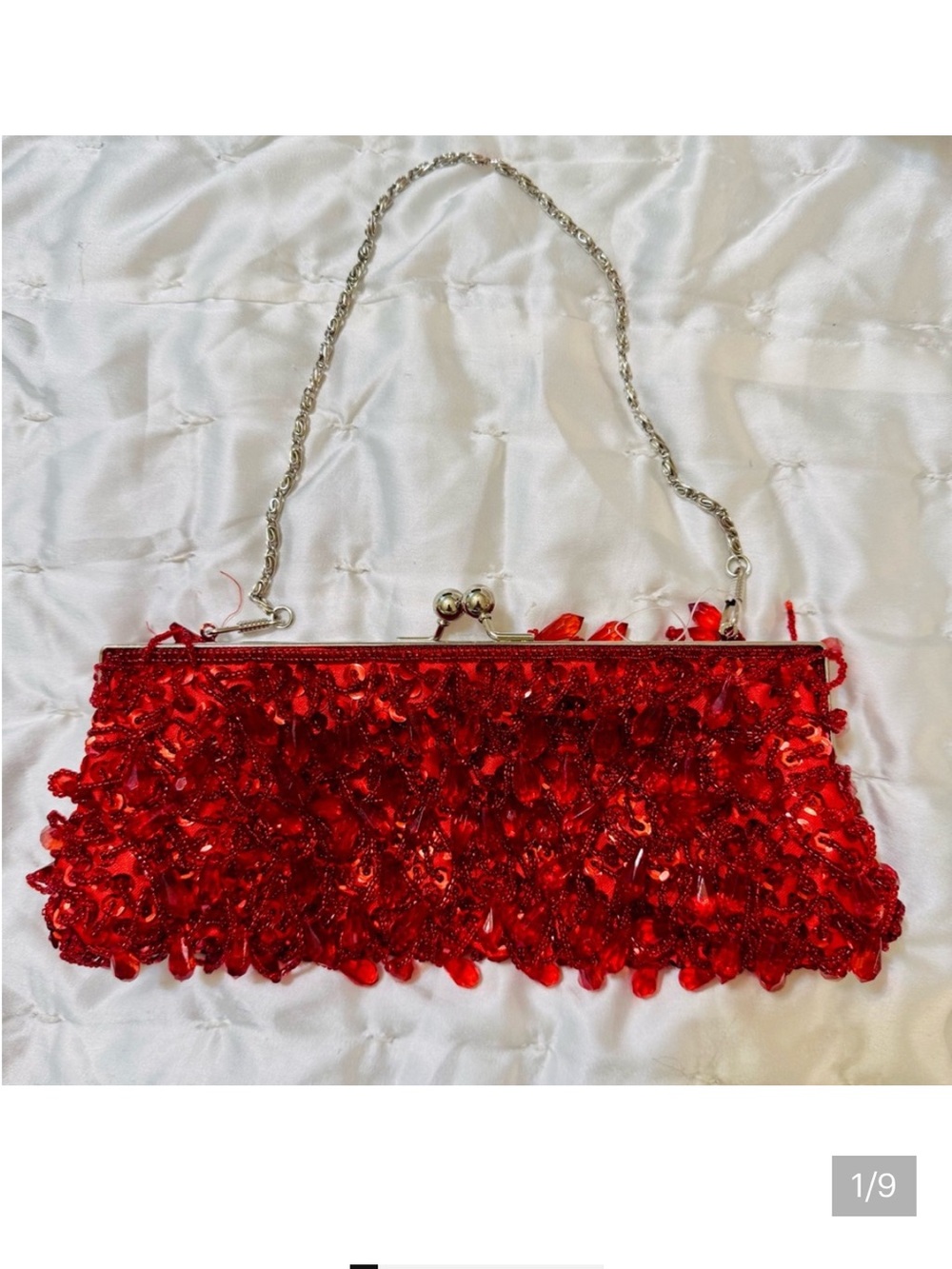 Lapis Red Beaded Evening Clutch with Silver Chain - Picture 2 of 5